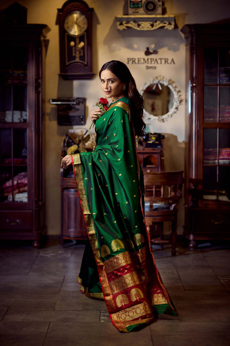 Pure Silk Jijamata  Saree – Rani Pink with Gold Zari Border