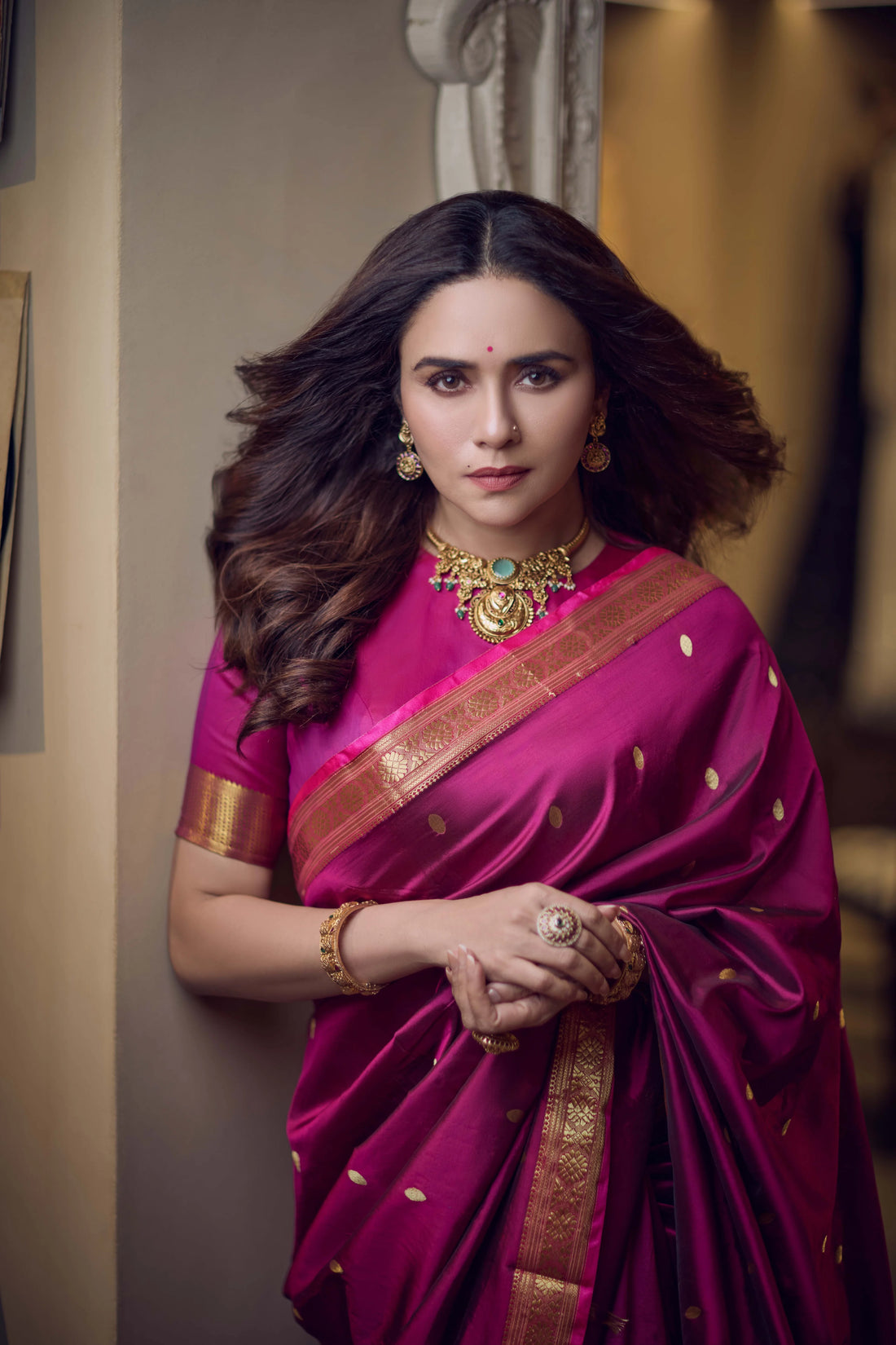 Pure Silk Jijamata  Saree – Rani Pink with Gold Zari Border