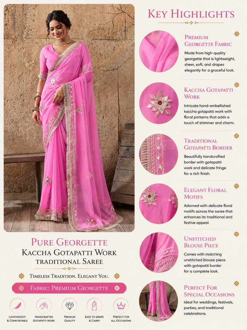 Pure Georgette Kaccha Gotapatti Work Traditional Saree