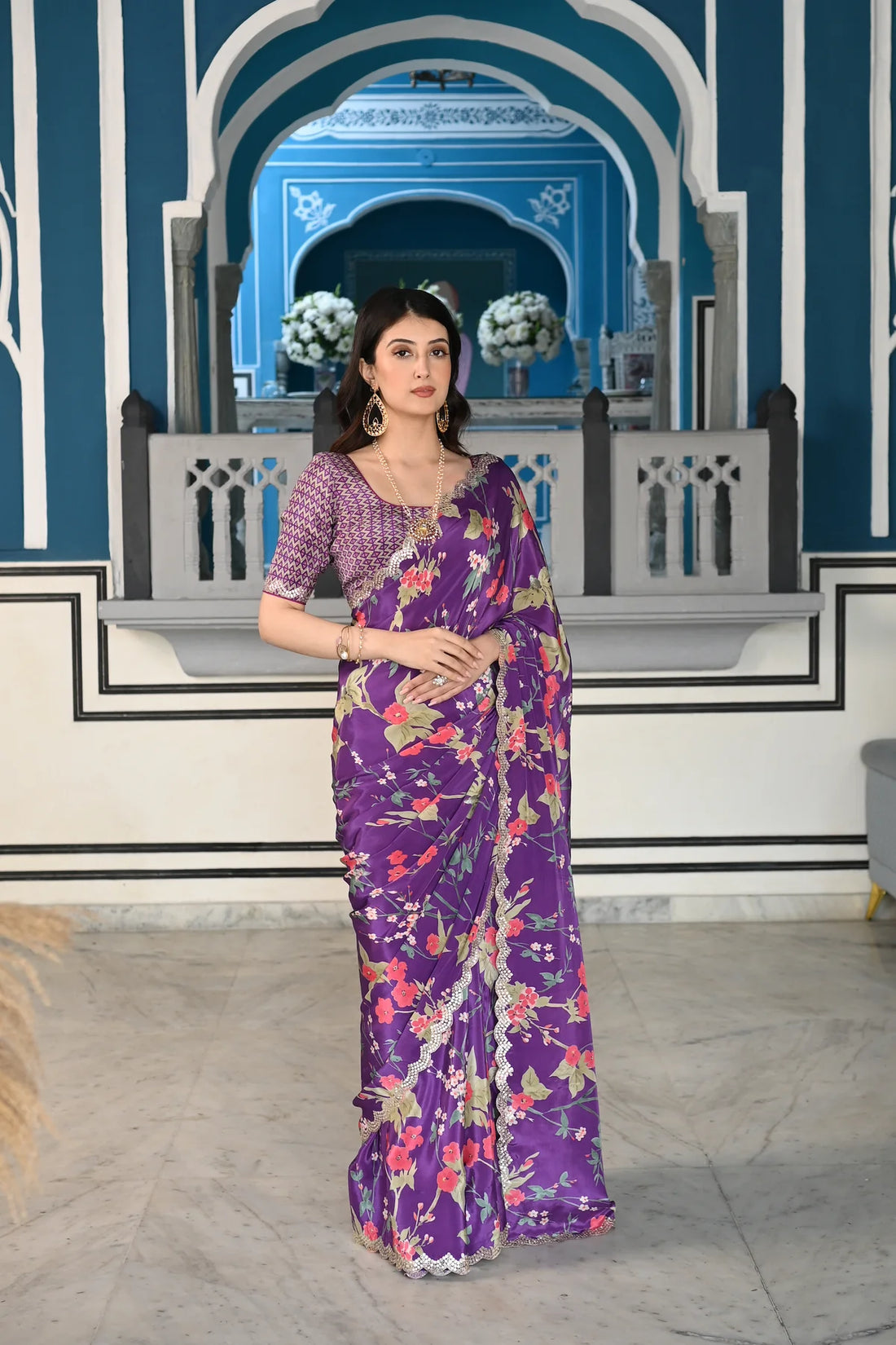 Purple Mirror Border Pure Crepe Saree