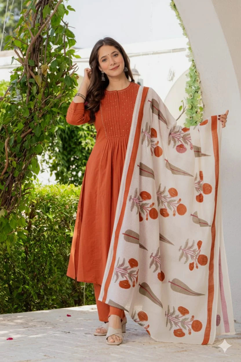 Rust Orange Pleated Cotton Suit Set with Dupatta