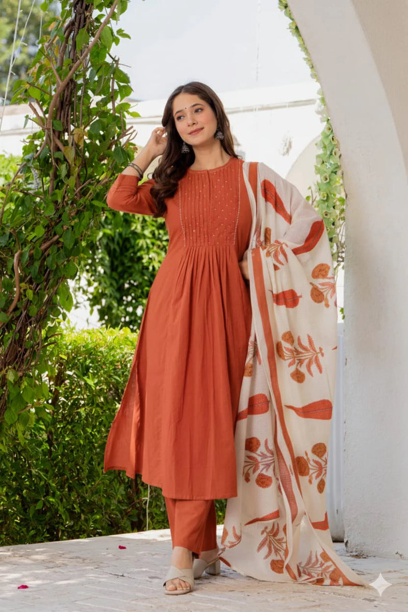 Rust Orange Pleated Cotton Suit Set with Dupatta