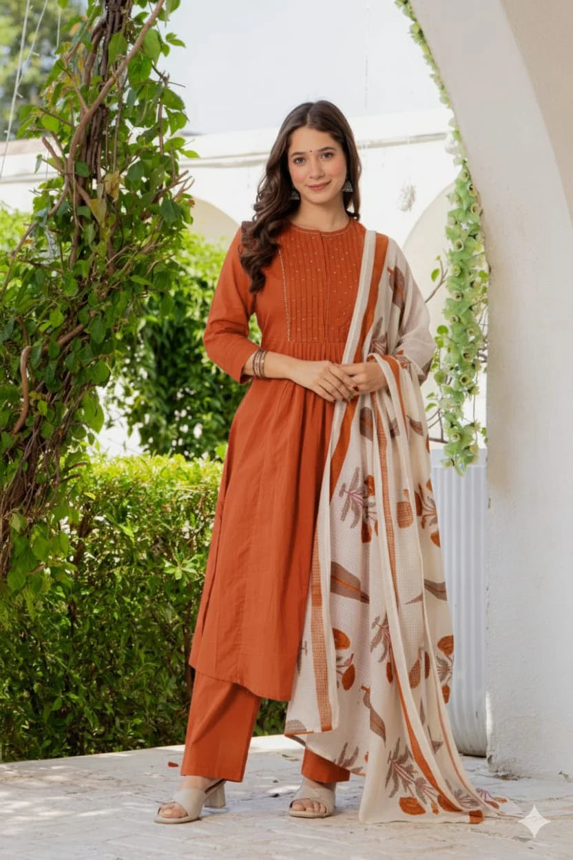 Rust Orange Pleated Cotton Suit Set with Dupatta