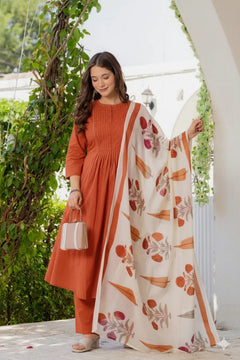 Rust Orange Pleated Cotton Suit Set with Dupatta