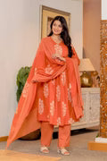 Rust Orange Pleated Cotton Suit Set with Dupatta