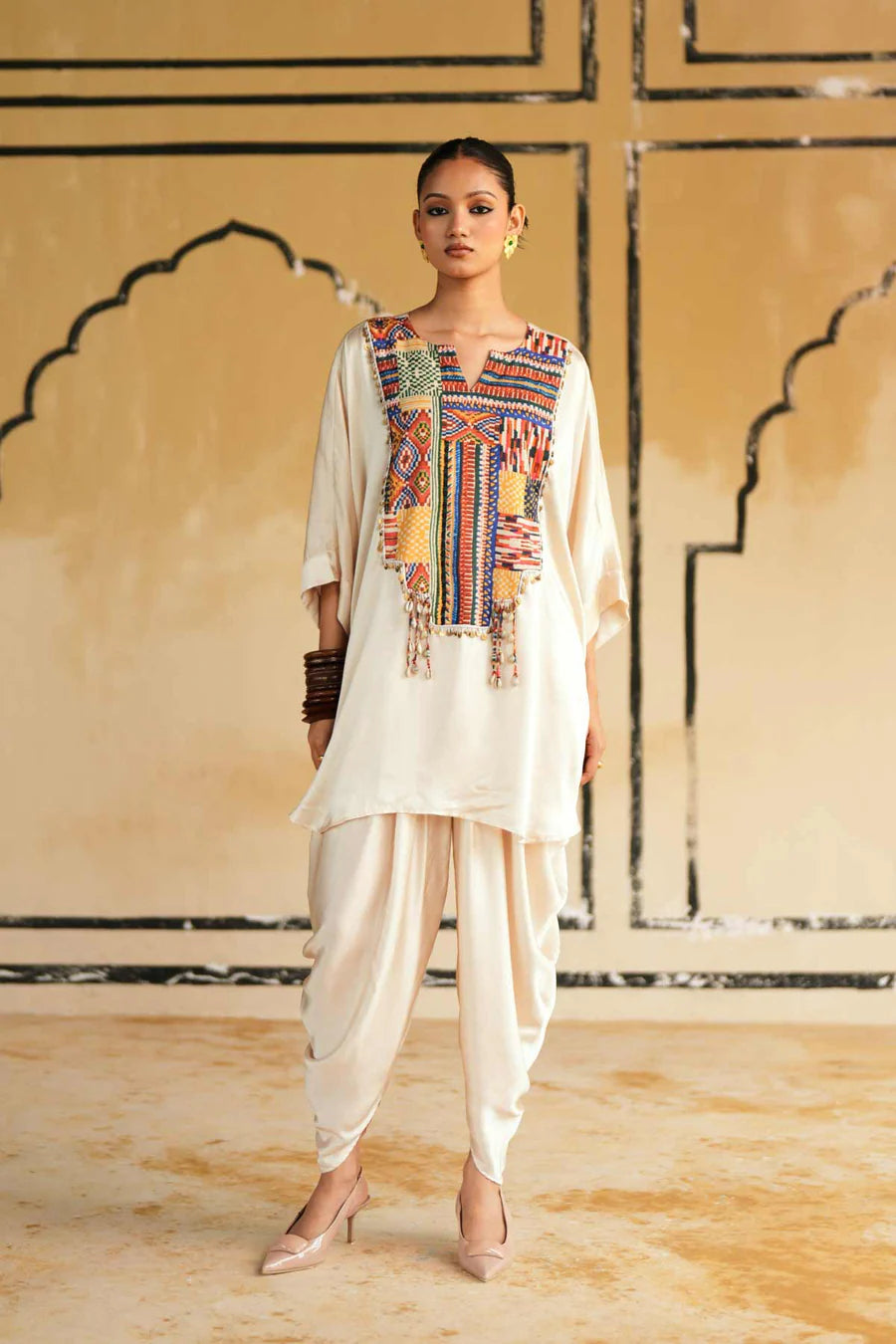 Cream Satin Marusthal Muse Top & Pant/Dhoti Set