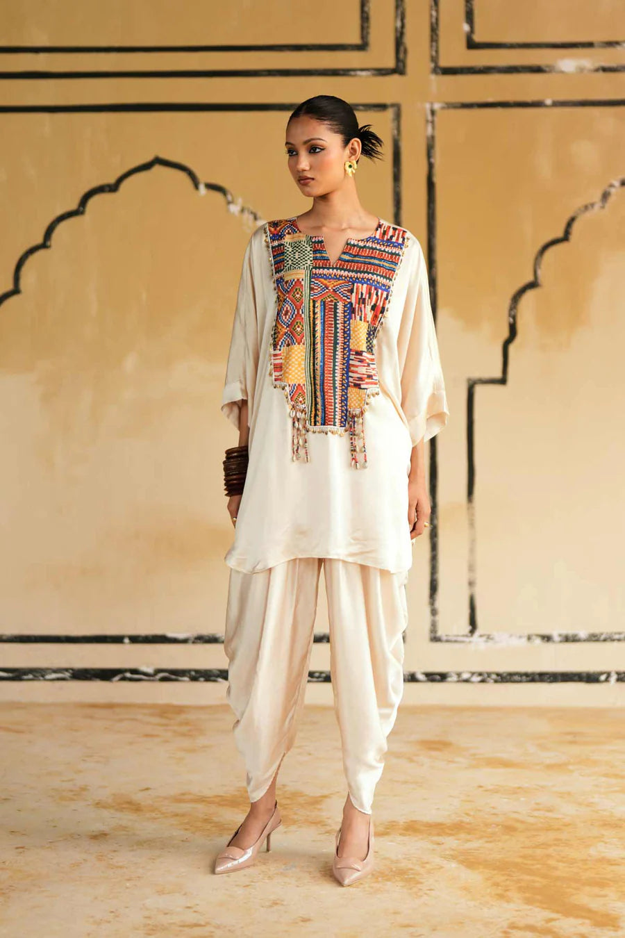 Cream Satin Marusthal Muse Top & Pant/Dhoti Set