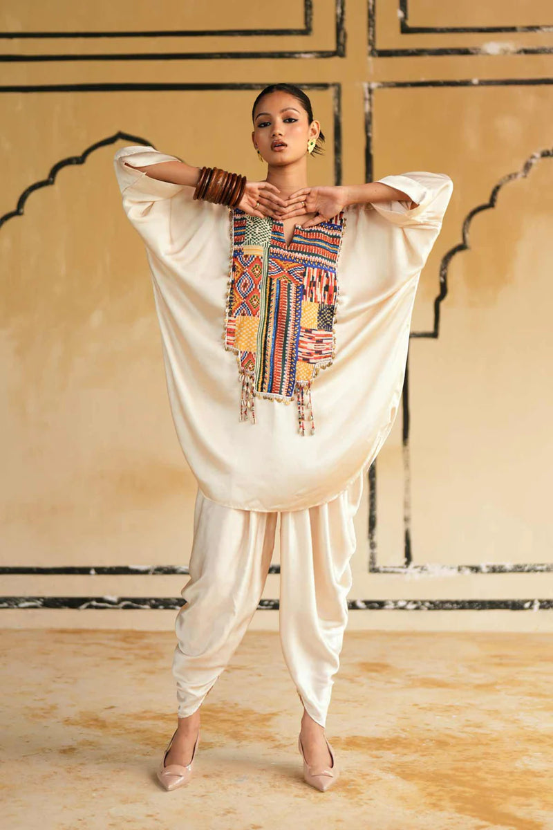 Cream Satin Marusthal Muse Top & Pant/Dhoti Set