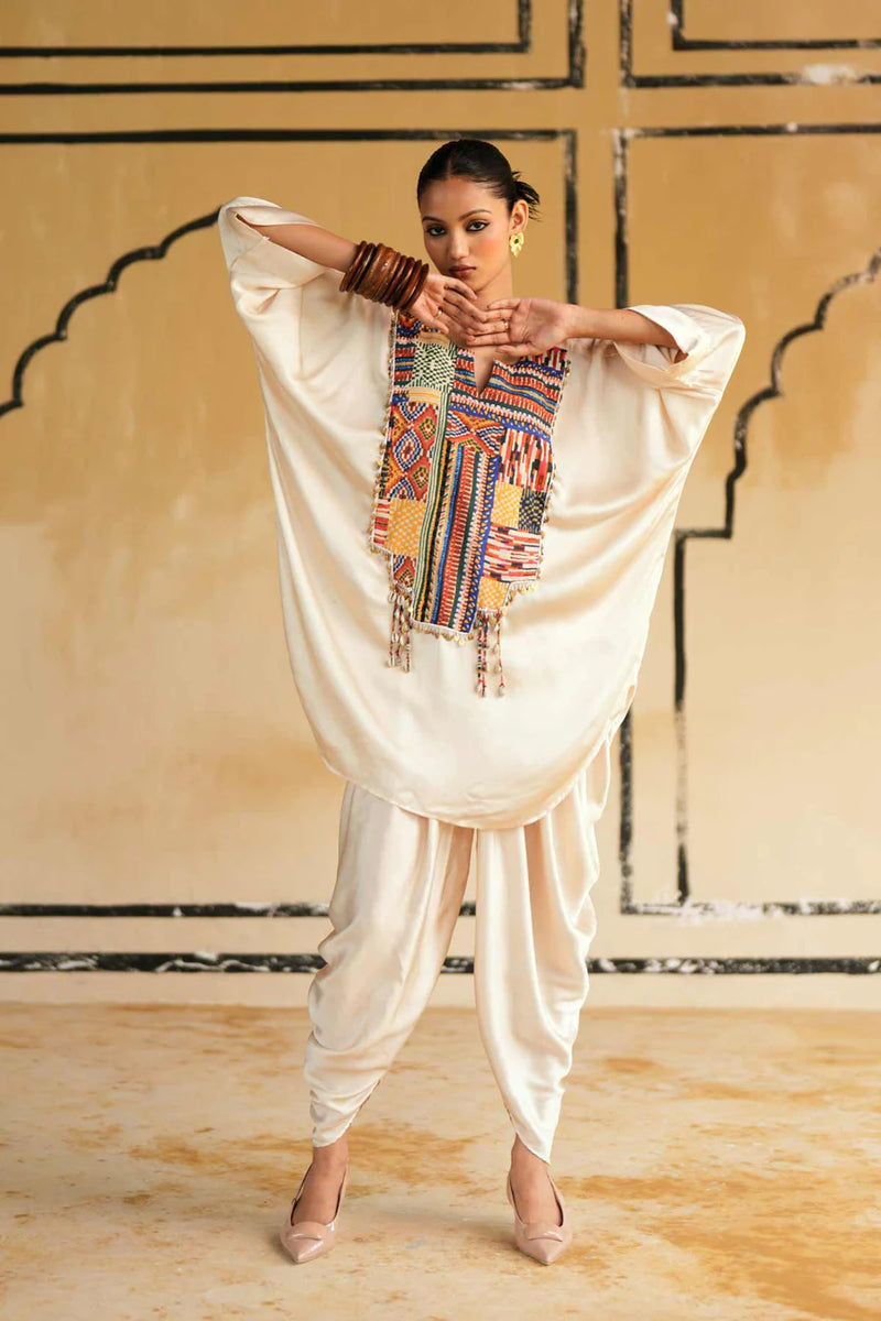 Cream Satin Marusthal Muse Top & Pant/Dhoti Set