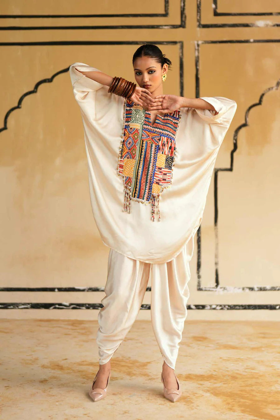 Cream Satin Marusthal Muse Top & Pant/Dhoti Set