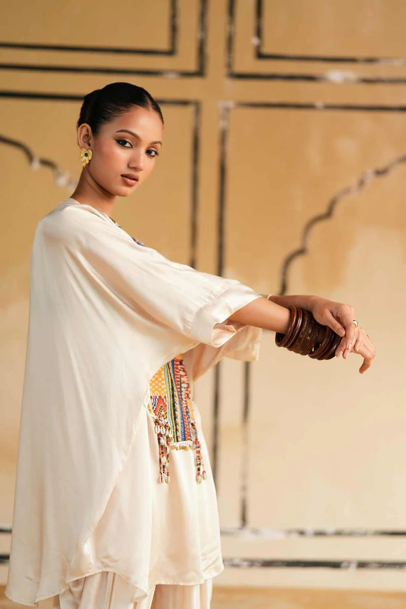 Cream Satin Marusthal Muse Top & Pant/Dhoti Set