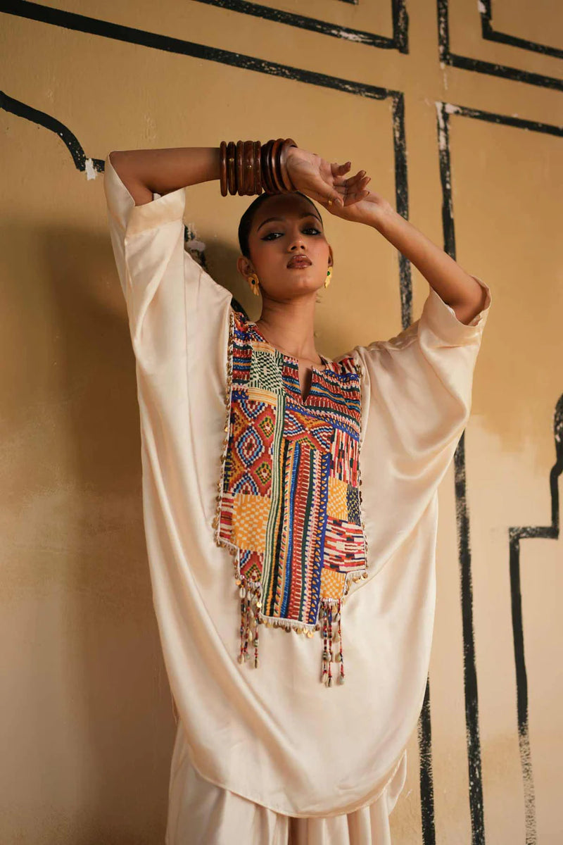 Cream Satin Marusthal Muse Top & Pant/Dhoti Set