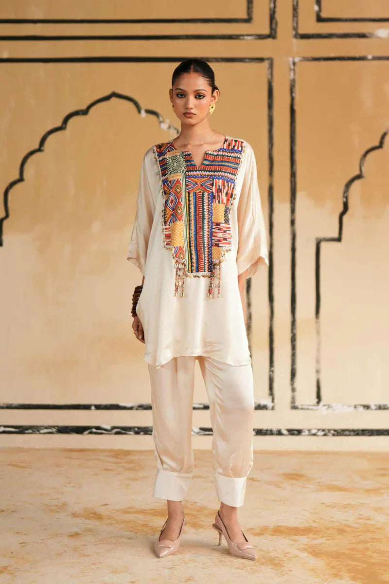 Cream Satin Marusthal Muse Top & Pant/Dhoti Set
