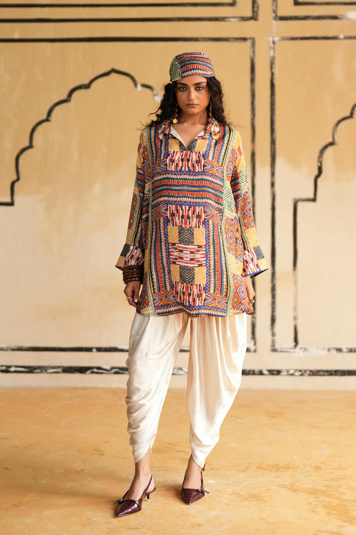 Cotton Silk Printed Top With Satin Dhoti
