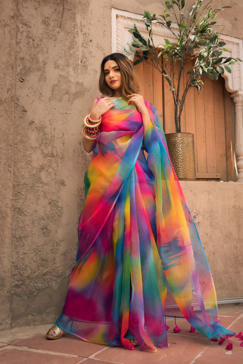 Rainbow Organza Printed Saree