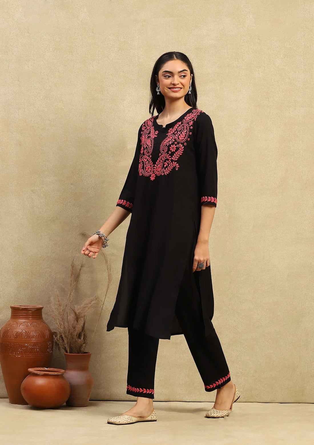 Black Rayon Chikankari Straight Kurta Set