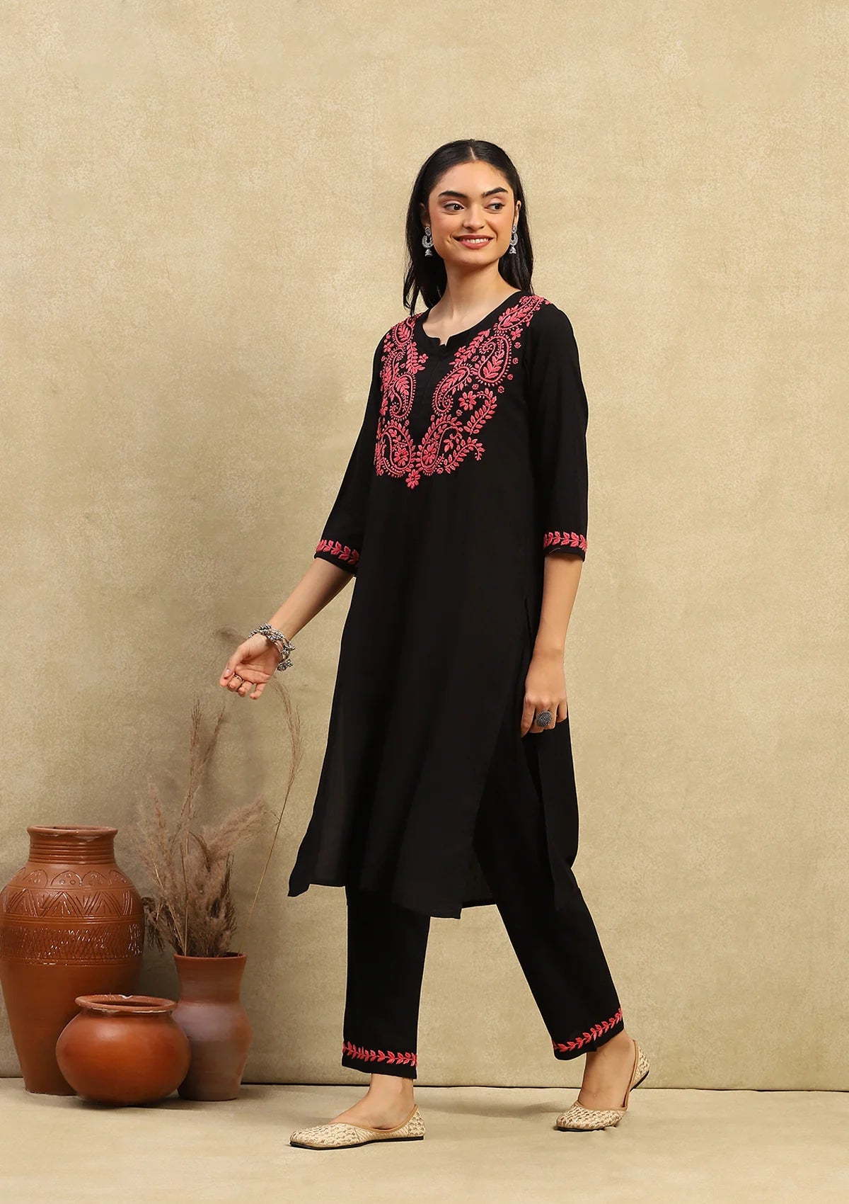 Black Rayon Chikankari Straight Kurta Set