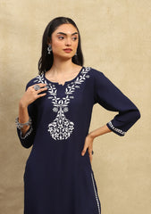 Navy Blue Rayon Chikankari Straight Kurta Set