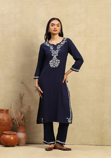 Navy Blue Rayon Chikankari Straight Kurta Set
