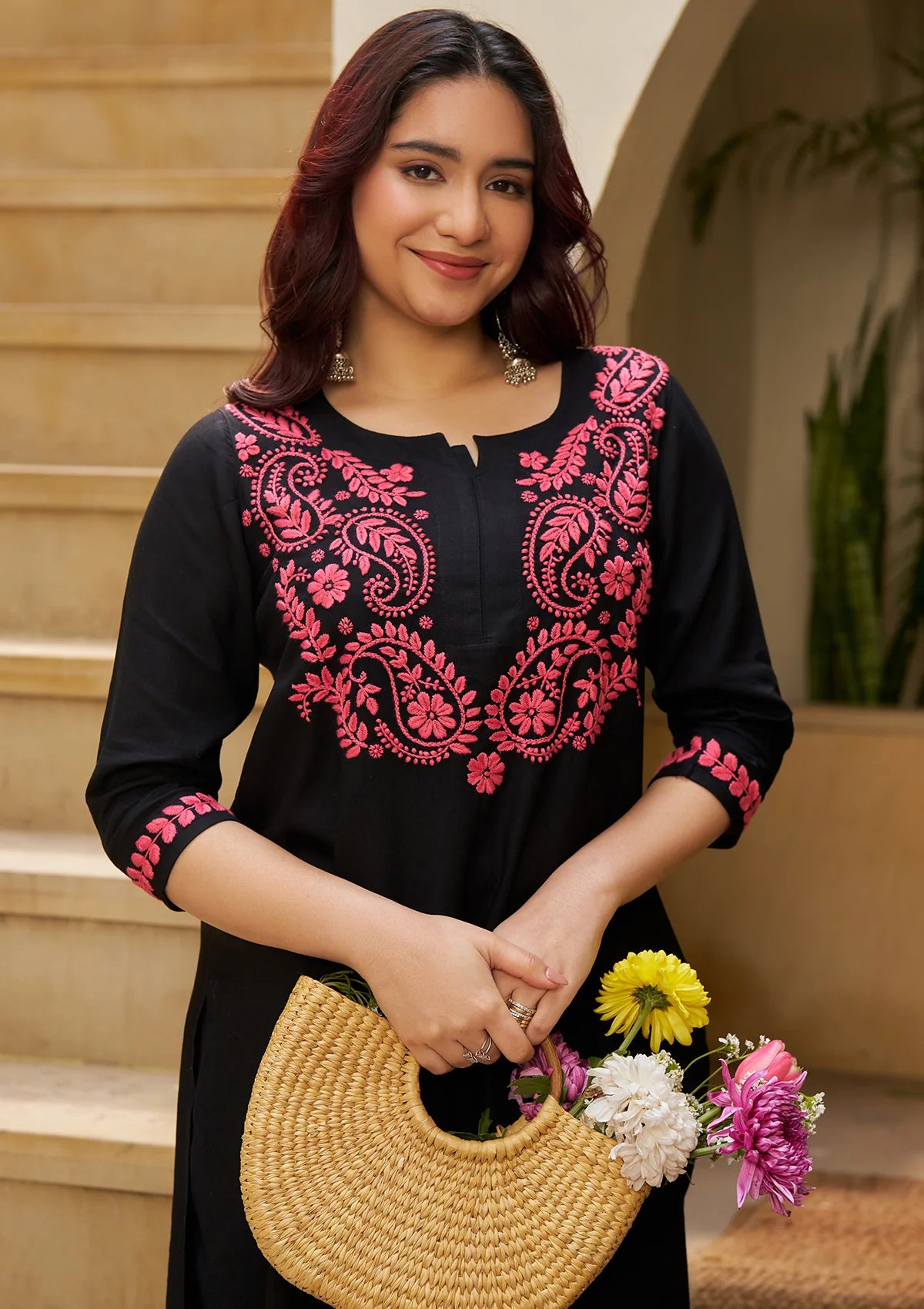 Black Rayon Chikankari Straight Kurta Set