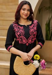 Black Rayon Chikankari Straight Kurta Set