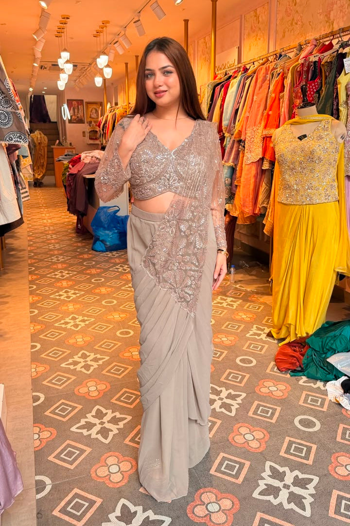 Astera Luxe Draped Saree Gown Set with Cape