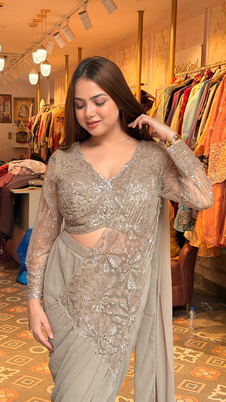 Astera Luxe Draped Saree Gown Set with Cape