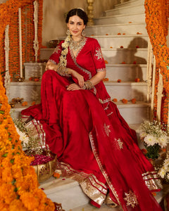 Red Solid Satin Angrakha Lehenga Set