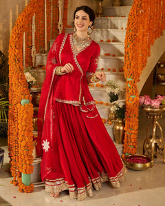 Red Solid Satin Angrakha Lehenga Set