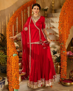 Red Solid Satin Angrakha Lehenga Set