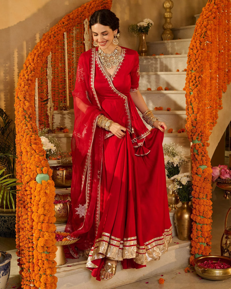 Red Solid Satin Angrakha Lehenga Set