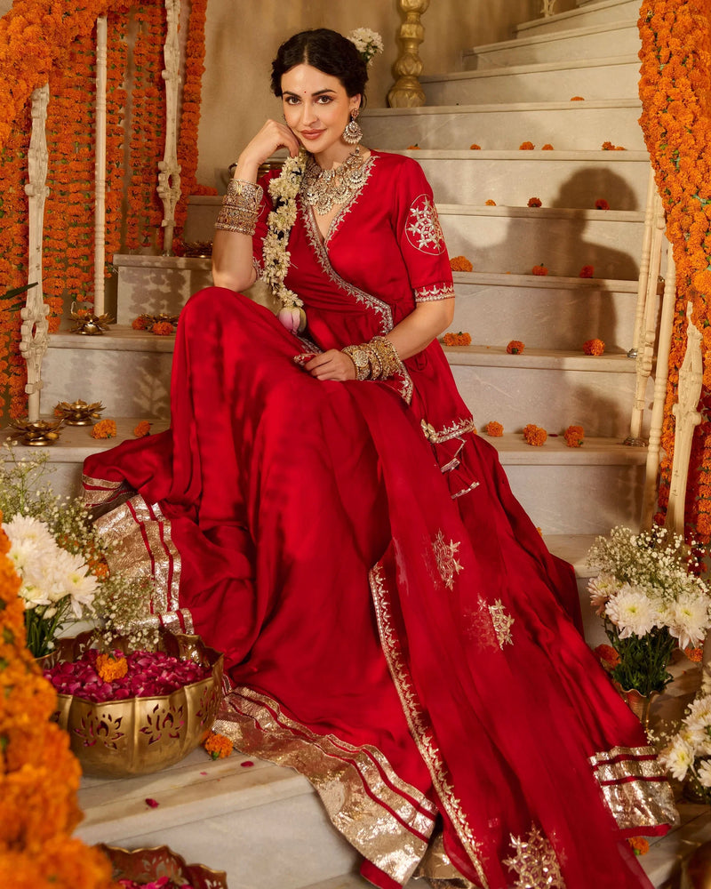 Red Solid Satin Angrakha Lehenga Set