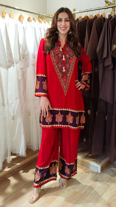 Red Ethnic V-Neck Co-ord Set with Paisley Border Detailing
