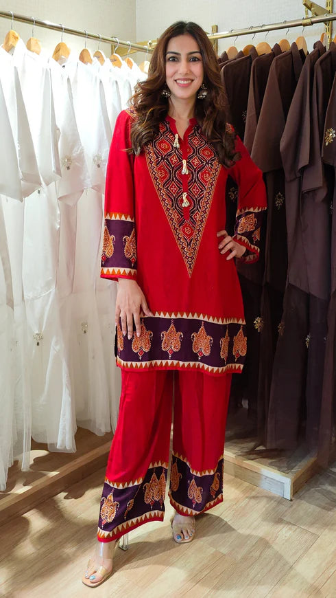 Red Ethnic V-Neck Co-ord Set with Paisley Border Detailing