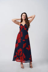 Red and Blue Chinnon Ankle-length Dress
