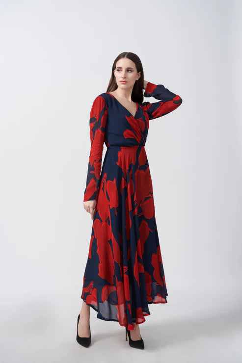 Red and Navy Floral Ankle Length Dress