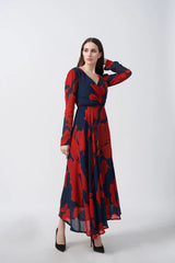 Red and Navy Floral Ankle Length Dress