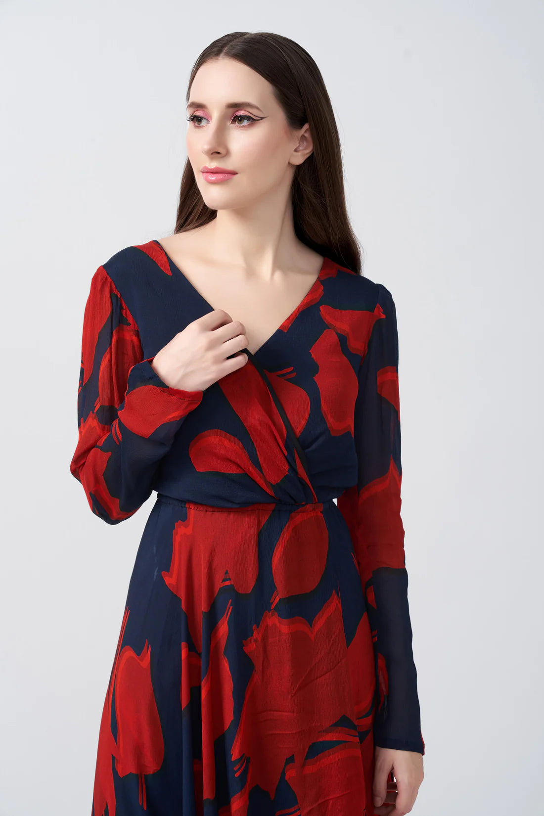 red floral long dress