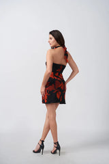 red and navy print dress