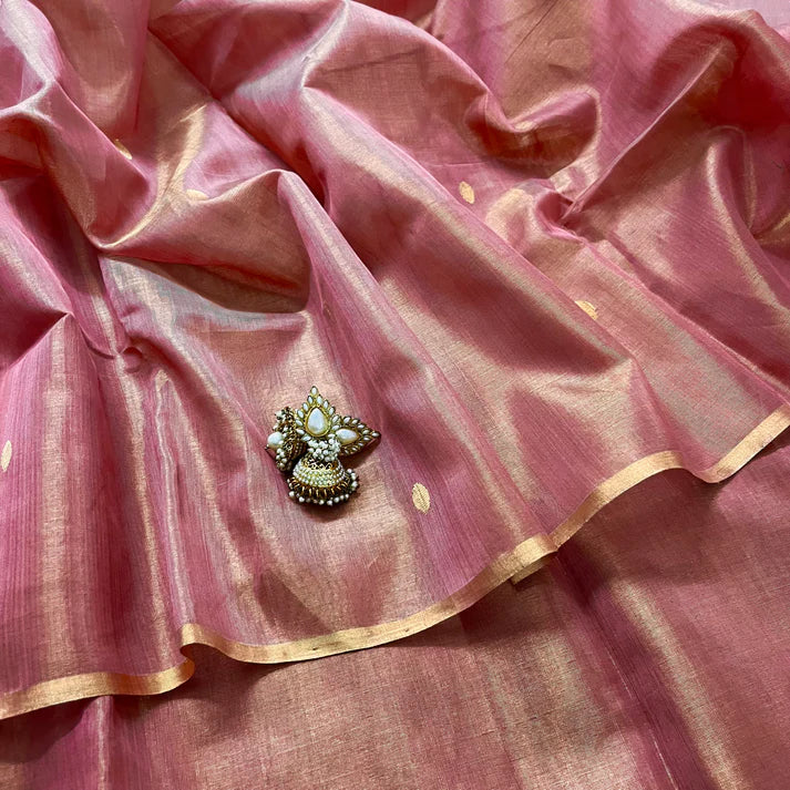 Rose Gold Maheshwari Tissue Silk Saree with Zari Bootis
