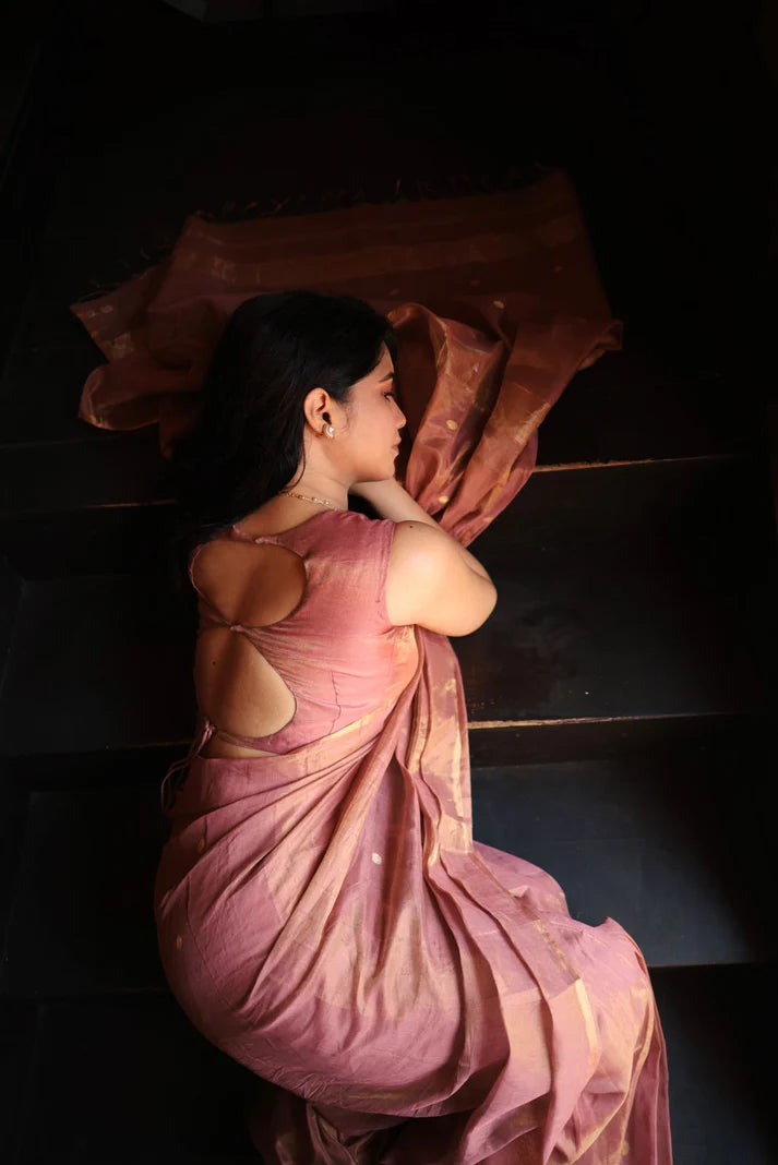 Rose Gold Maheshwari Tissue Silk Saree with Zari Bootis