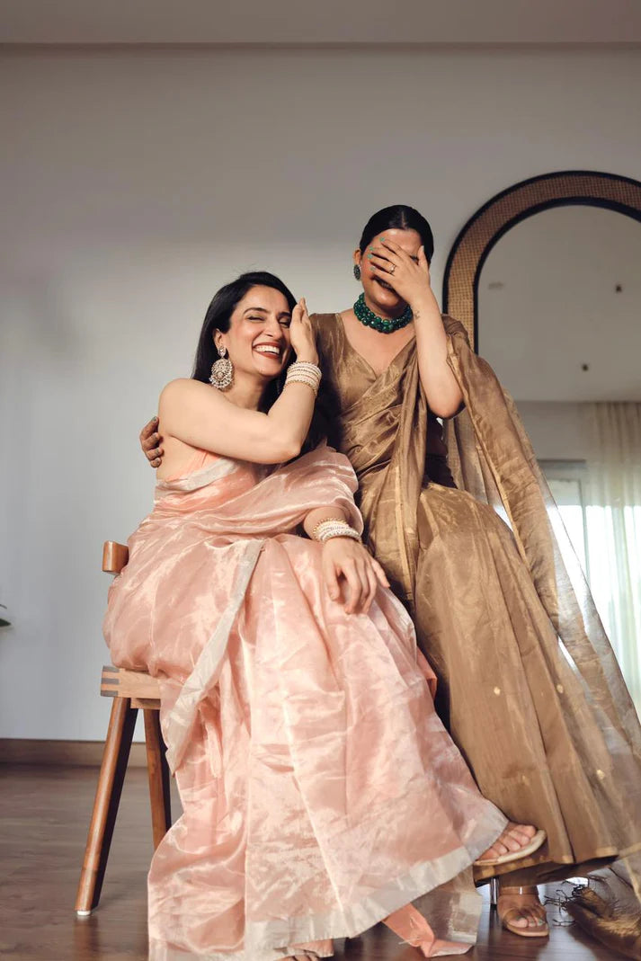 Rose Gold Maheshwari Tissue Silk Saree with Zari Bootis