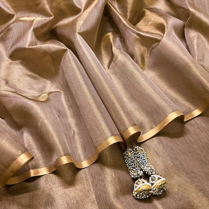 Rose Gold Maheshwari Tissue Silk Saree with Zari Bootis