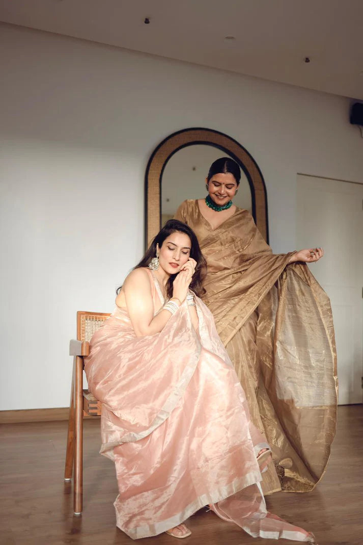 Rose Gold Maheshwari Tissue Silk Saree with Zari Bootis