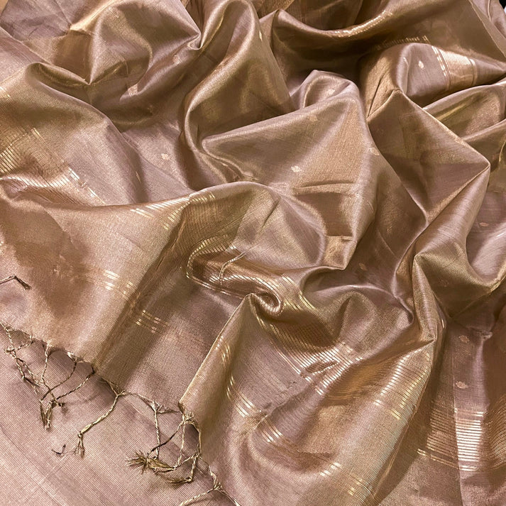 Rose Gold Maheshwari Tissue Silk Saree with Zari Bootis