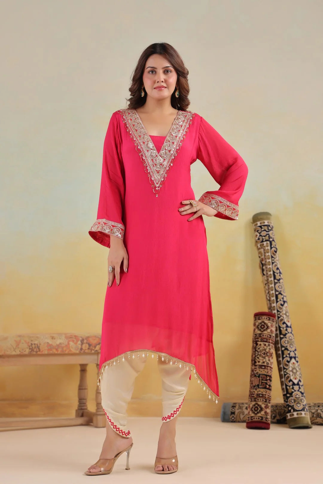Rosy Embroidered Chinon Kurta Pant Set