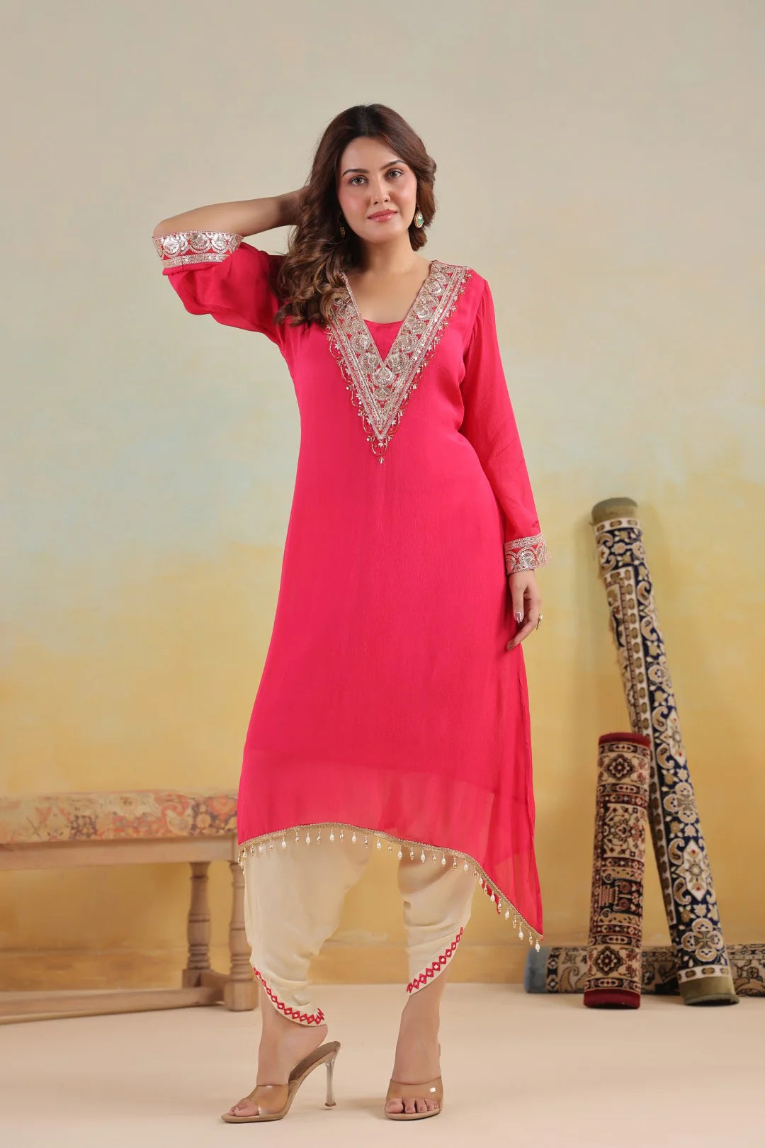 Rosy Embroidered Chinon Kurta Pant Set