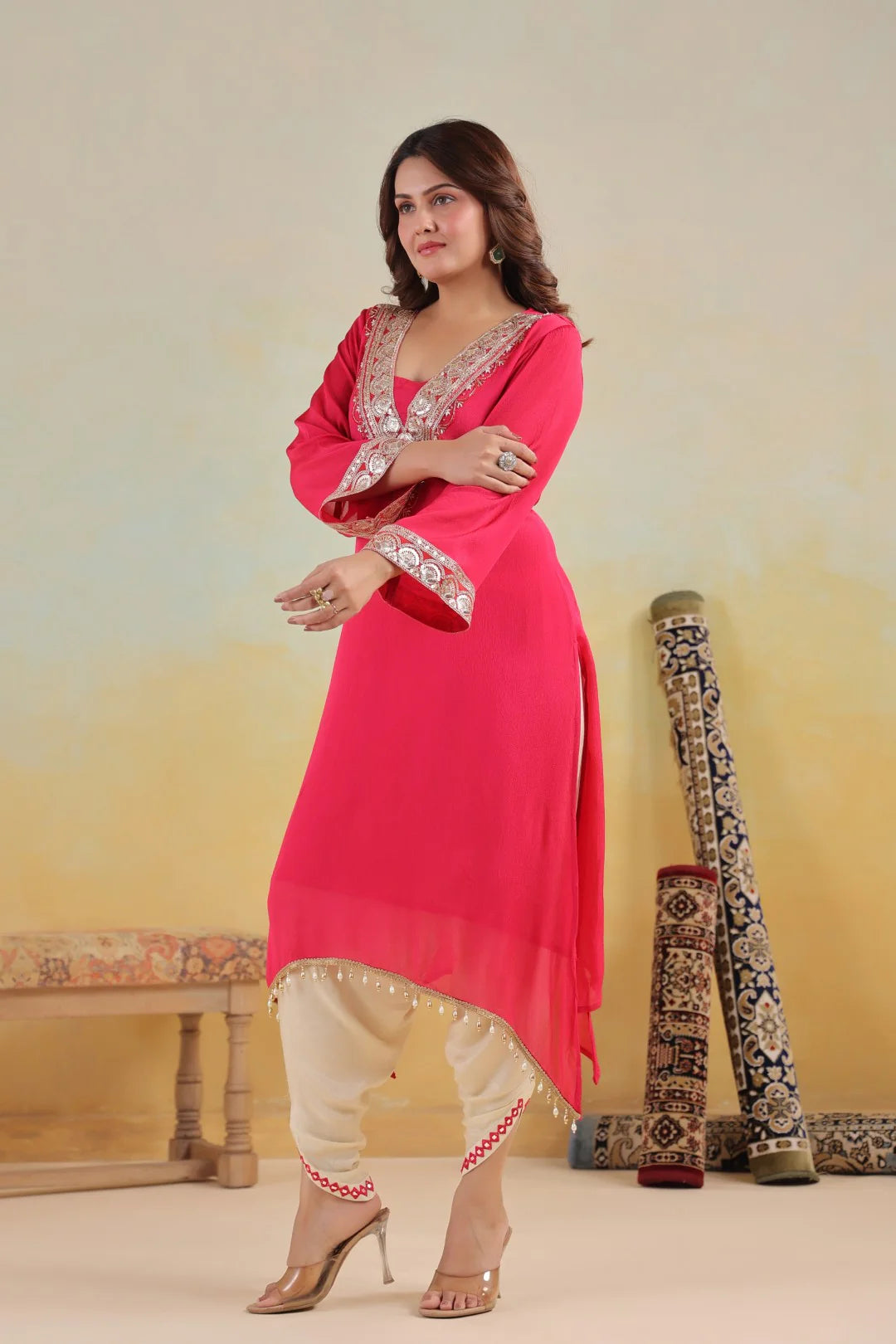 Rosy Embroidered Chinon Kurta Pant Set