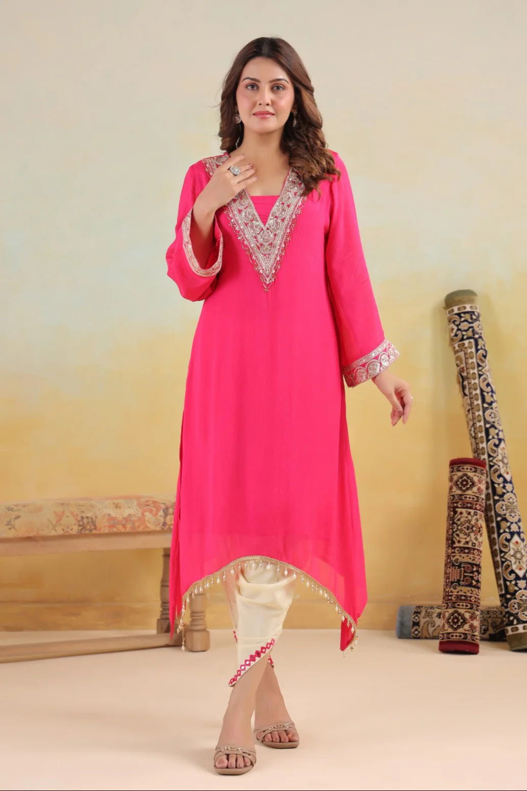 Rosy Embroidered Chinon Kurta Pant Set