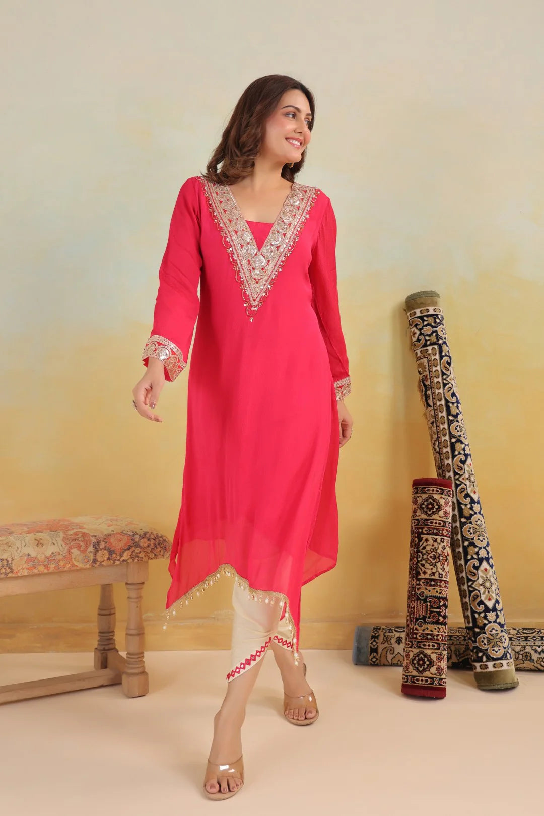 Rosy Embroidered Chinon Kurta Pant Set